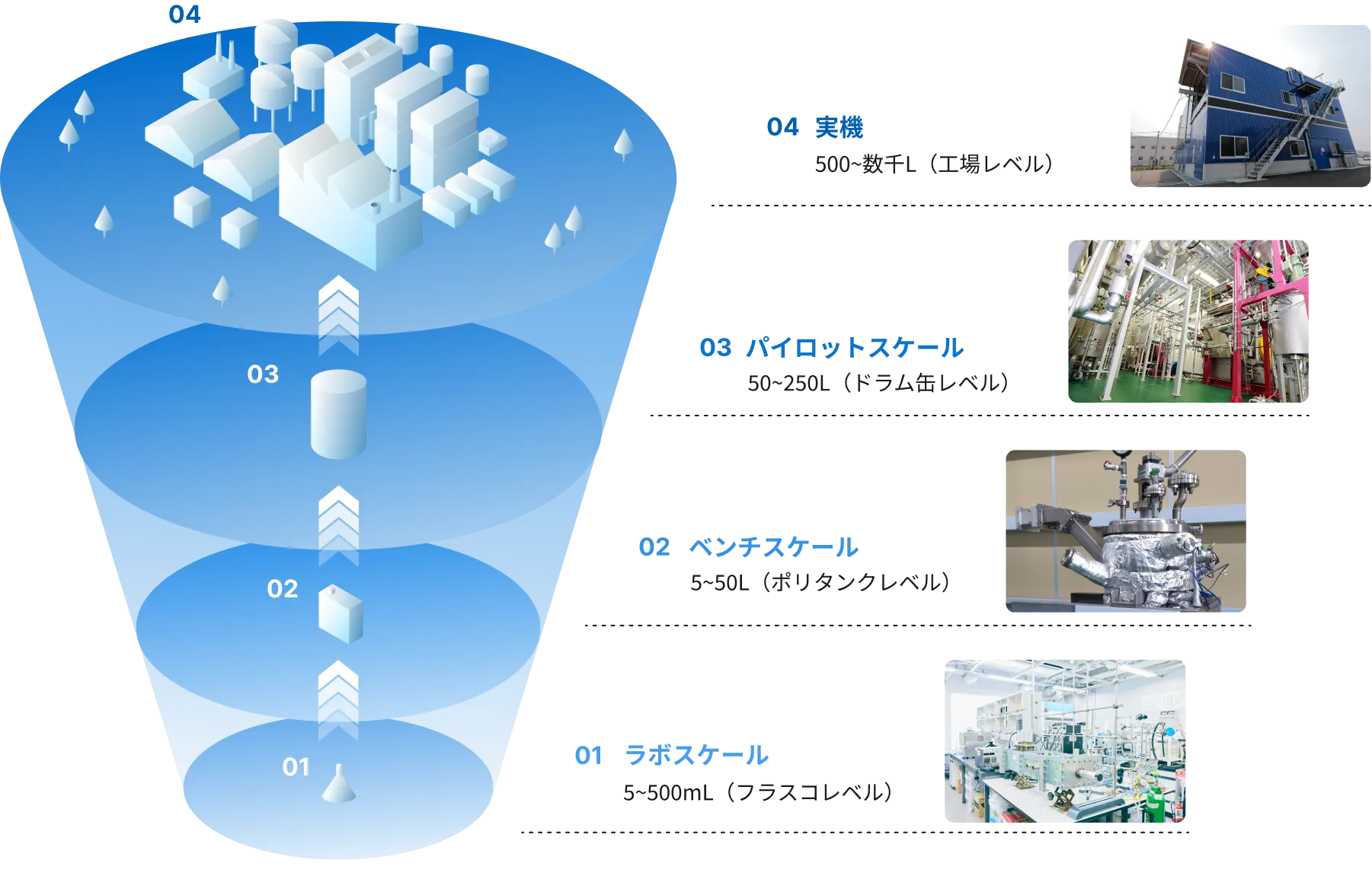 ラボスケール5〜500mL、ベンチスケール5〜50L、パイロットスケール50〜250L、実機500L〜数千Lと段階的にスケールアップし事業化に至る流れを表した図
